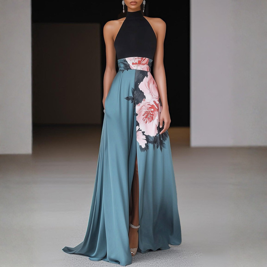 Helga | Dame Halterneck Blomstret Split Maxi Kjole
