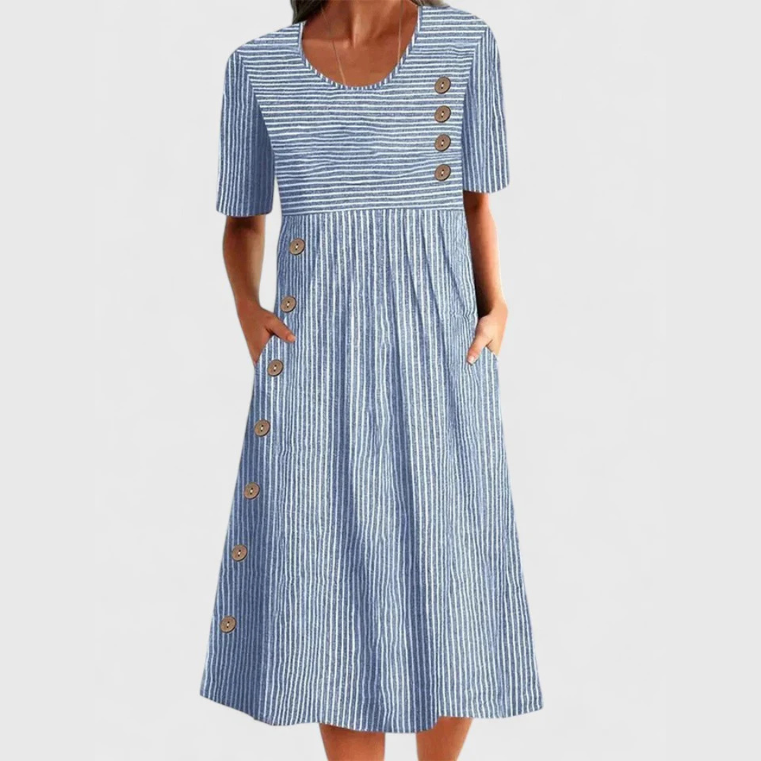 Sara | Dame Stribet Midi Kjole Med Knapdetaljer