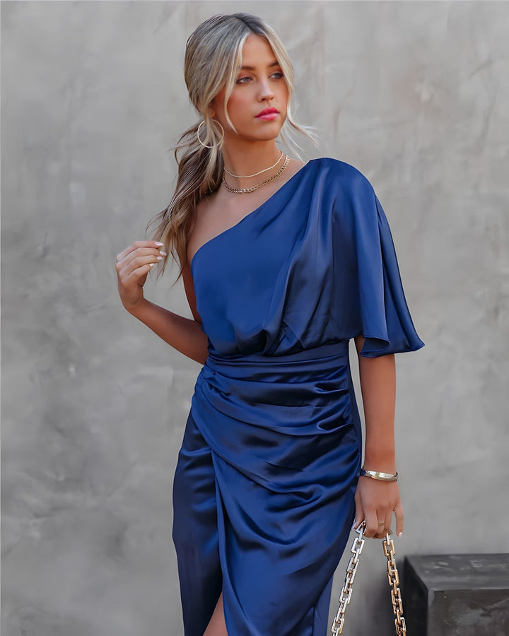 Serina | Kvinders Enskulder Draperet Satin Midikjole