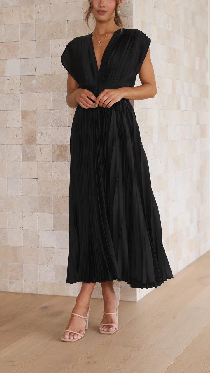Emilia | Dame Elegant Dyb V Plisseret Midi Kjole
