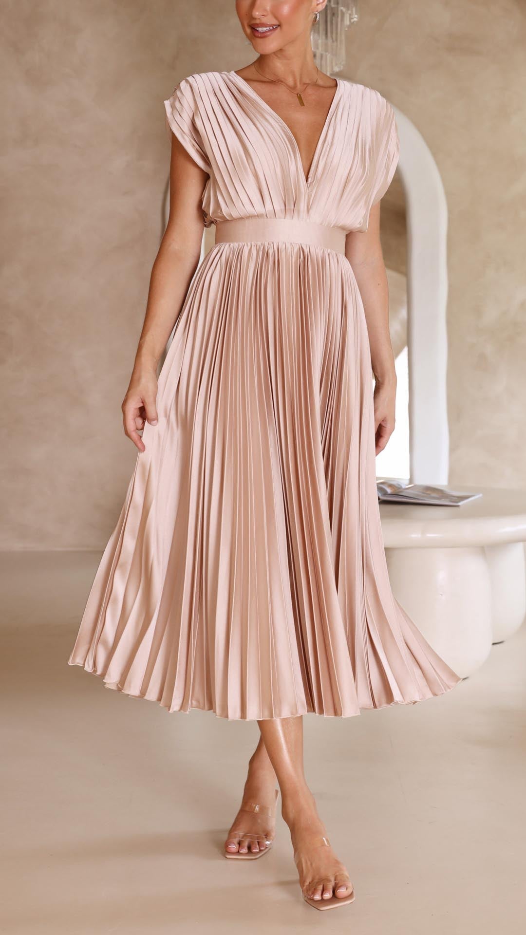 Emilia | Dame Elegant Dyb V Plisseret Midi Kjole