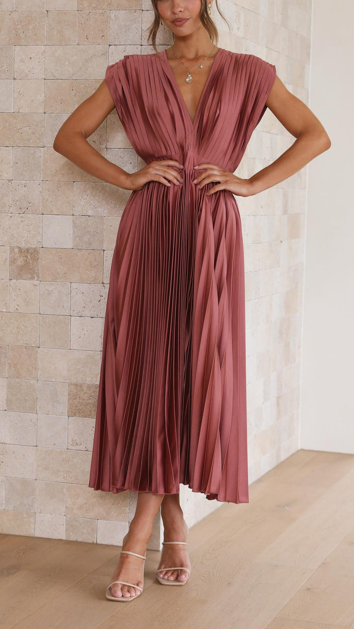 Emilia | Dame Elegant Dyb V Plisseret Midi Kjole
