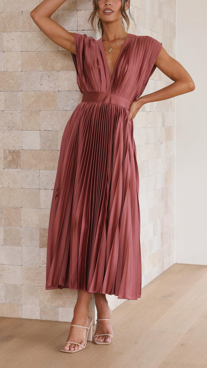 Emilia | Dame Elegant Dyb V Plisseret Midi Kjole