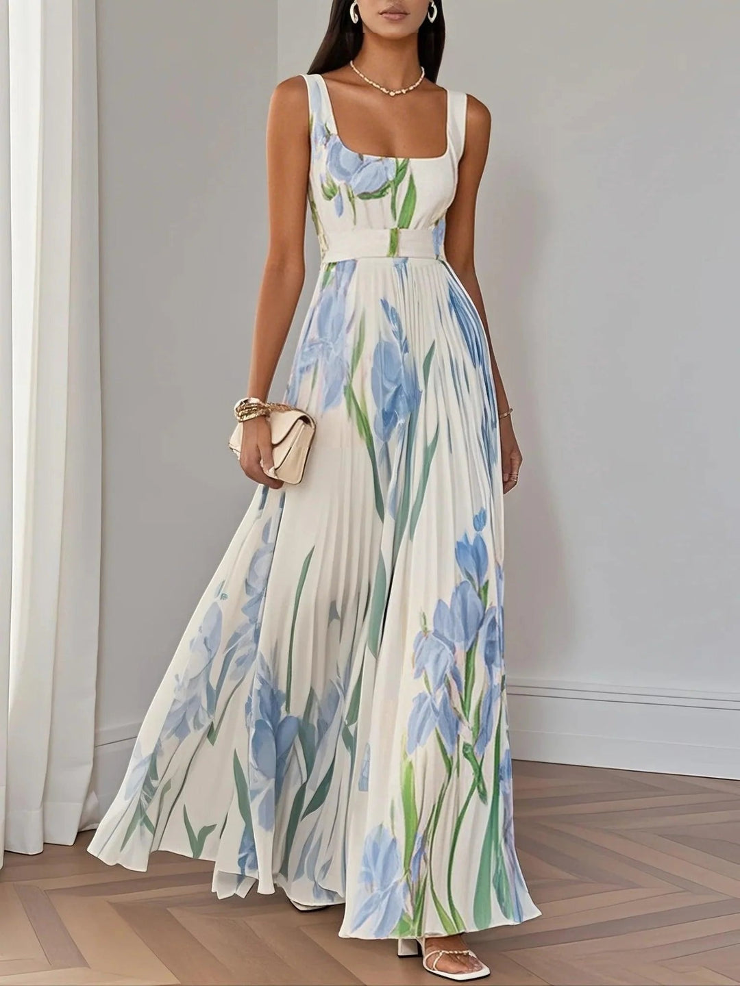 Josefine | A-Line Maxi Kjole Plisseret Blomsterprint Firkantet
