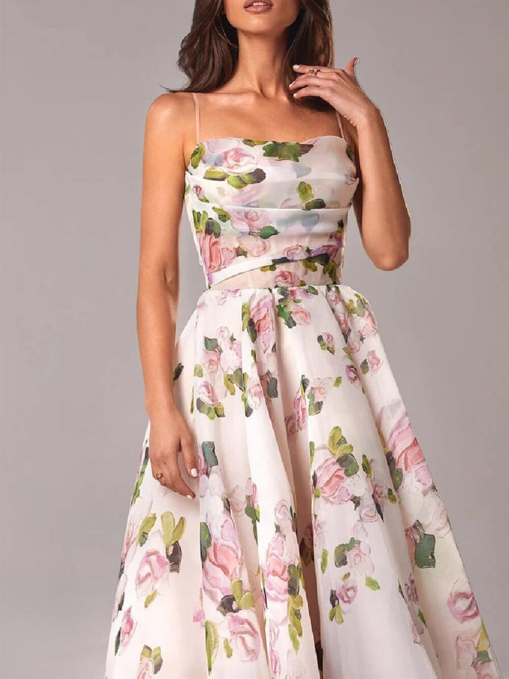 Alma | A-Line Midi Kjole Spaghetti Stropper Blomsterprint