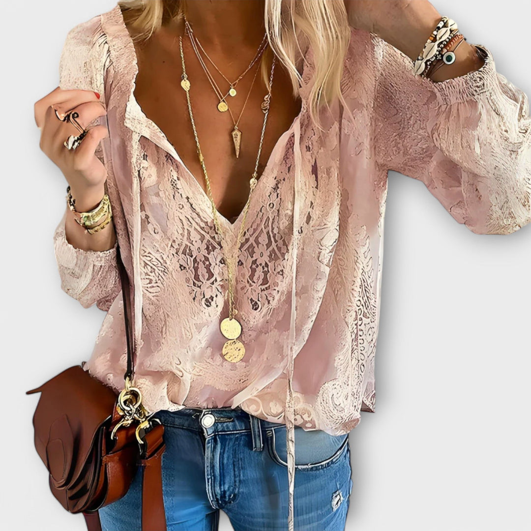 Sofia | Boho Bluse V-Udskæring Blonde Lange Ærmer Dame