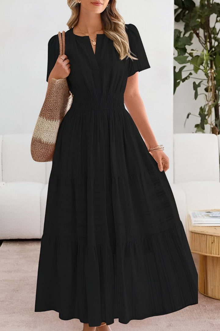 Ida | Boho Maxi Kjole Kort Ærme Elastik Talje Sommer
