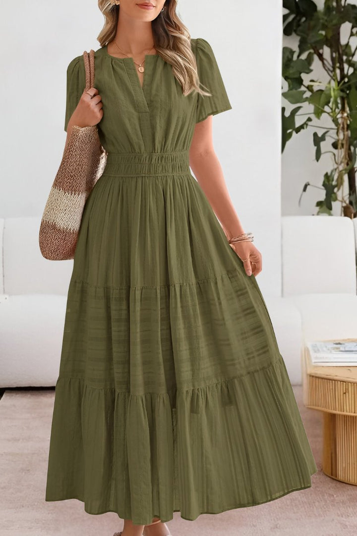 Ida | Boho Maxi Kjole Kort Ærme Elastik Talje Sommer