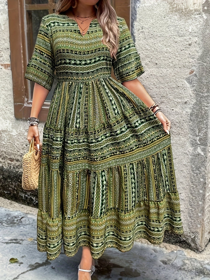 Laura | Boho Maxi Kjole V-udskæring Trykt Mønster Flydende