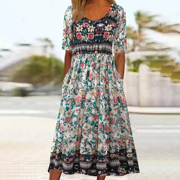 Emma | Boho Maxikjole Rund Hals Blomsterprint Sommerkjole