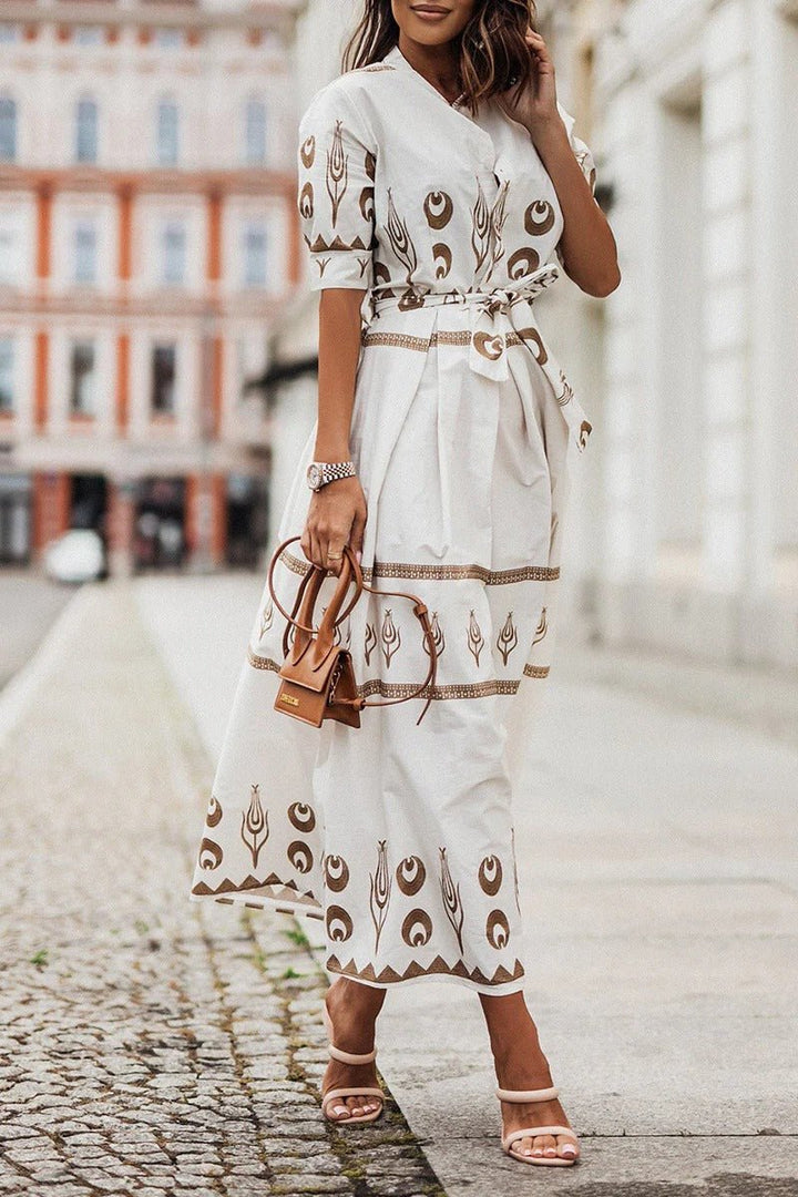 Lea | Boho Midi Kjole Bælte 3/4 Ærmer A-line Snit