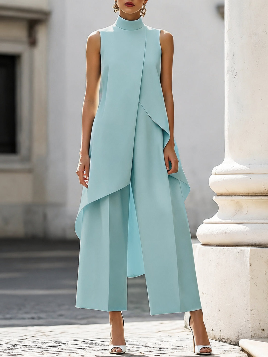 Emma | Dame Asymmetrisk High-Neck Ærmeløs Wide-Leg Bukse Sæt