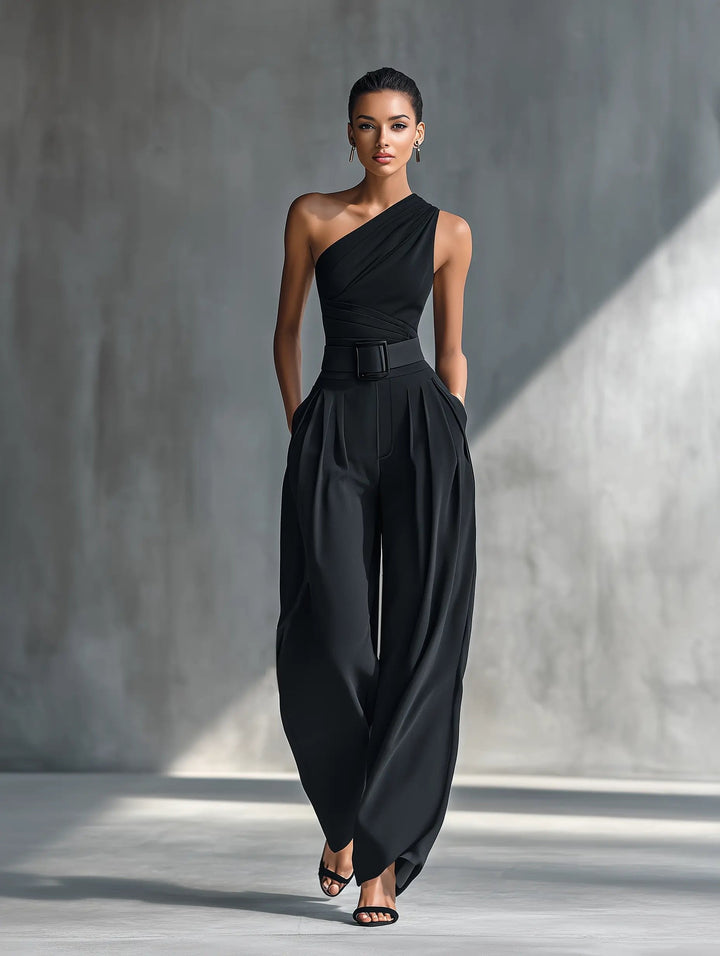 Josefine | Dame Asymmetrisk Strik Top Wide-Leg Bukser Sæt