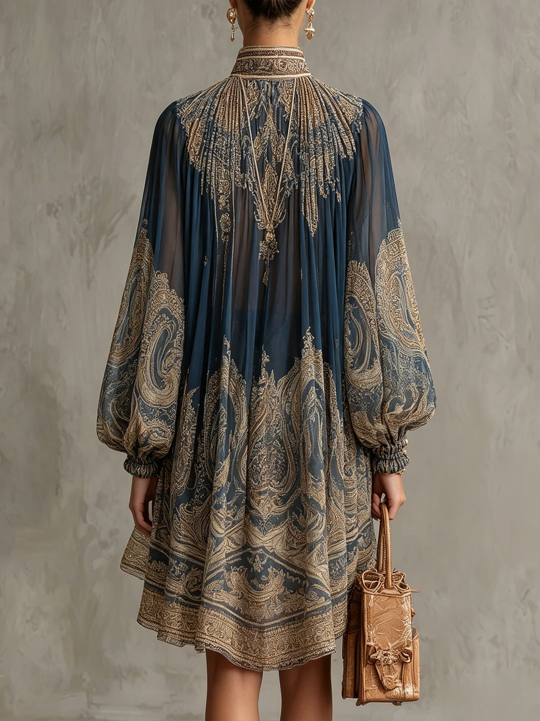 Astrid | Dame Barok Print Chiffon Kjole Høj Hals Langærmet
