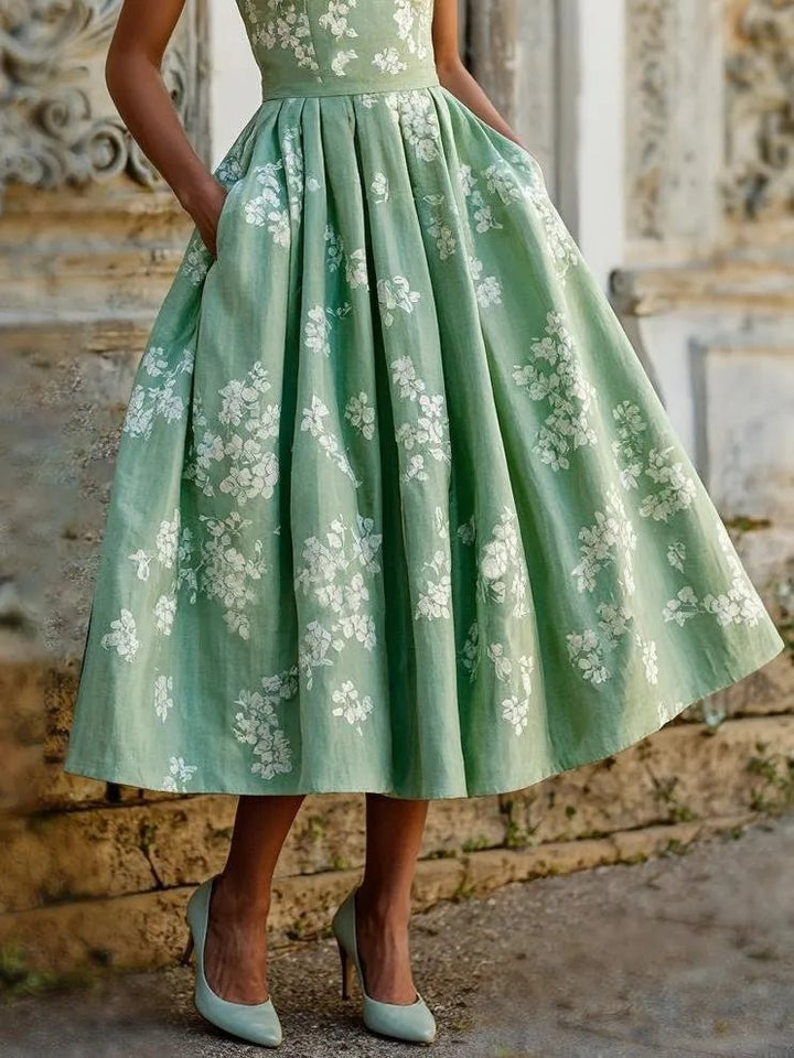 Isabella | Dame Blomstret Linen Midi Kjole Ærmeløs