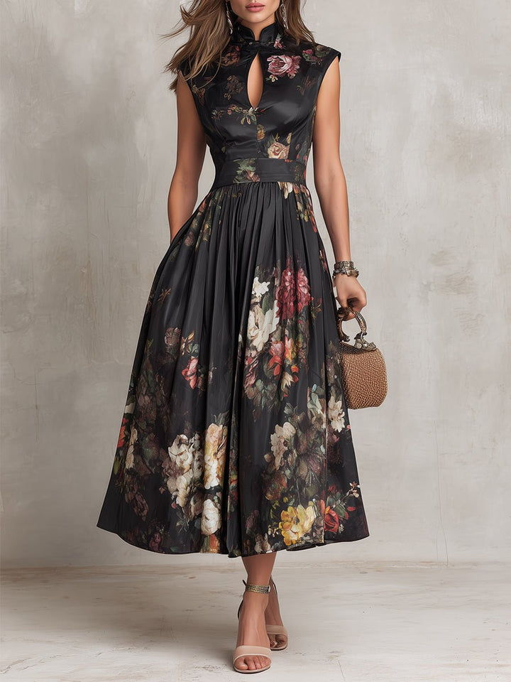 Liv | Dame Blomstret Satin Plisseret Midi Kjole