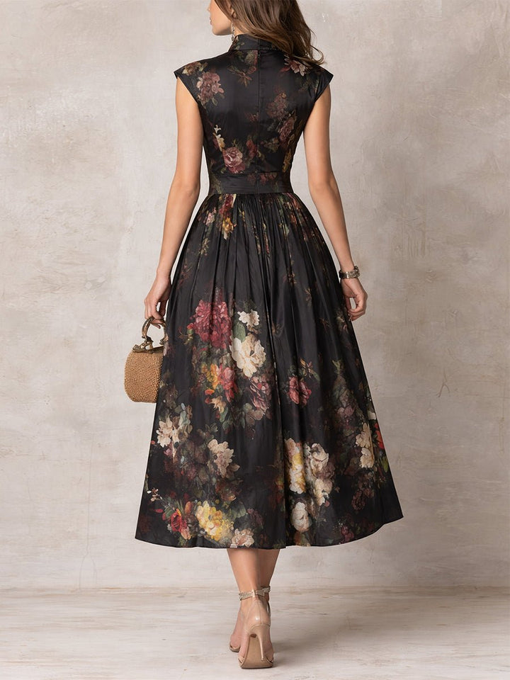 Liv | Dame Blomstret Satin Plisseret Midi Kjole