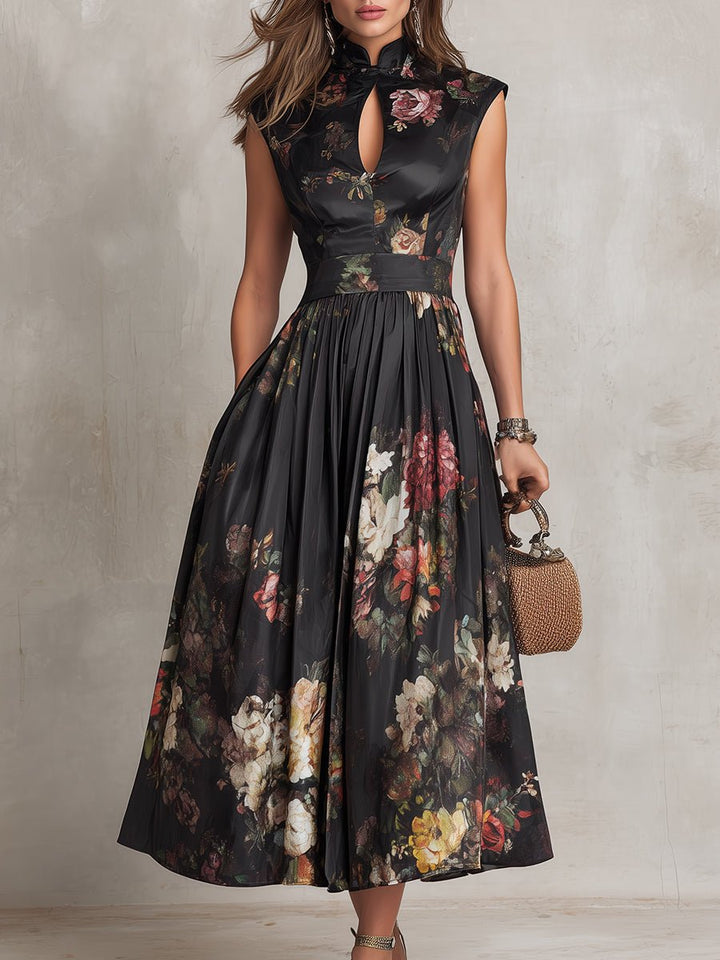 Liv | Dame Blomstret Satin Plisseret Midi Kjole