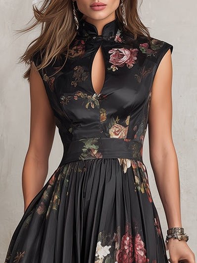 Liv | Dame Blomstret Satin Plisseret Midi Kjole