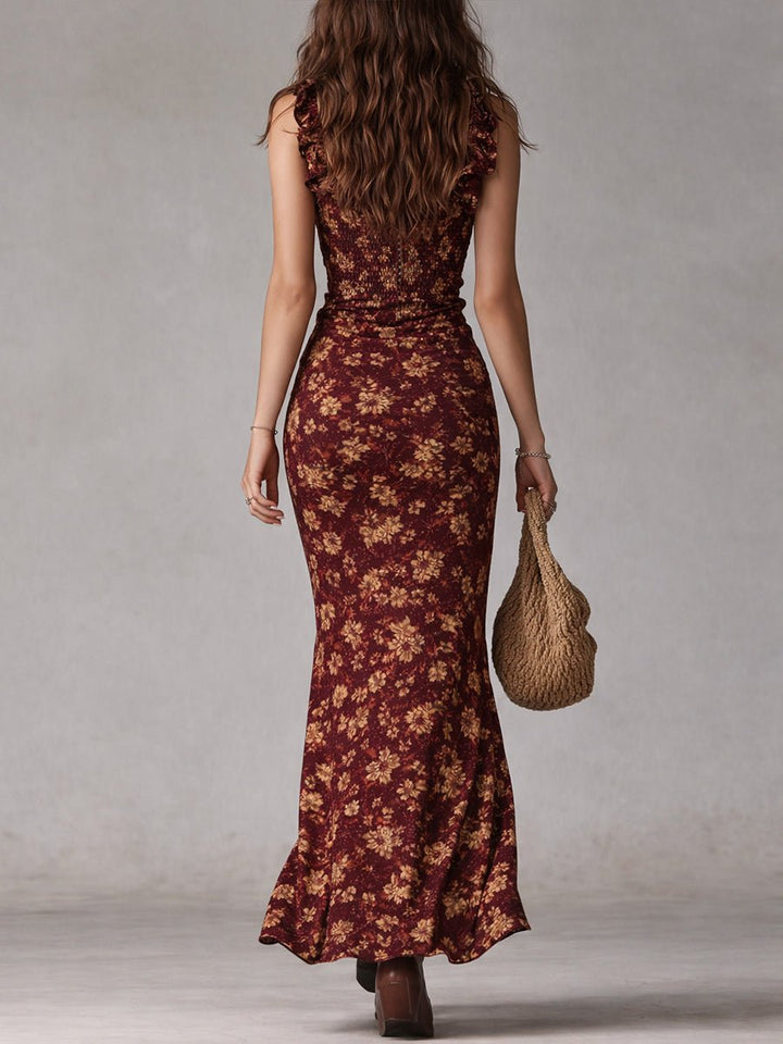 Clara | Dame Boho Blomstret Maxi Kjole Smock Ærmeløs Sideslids