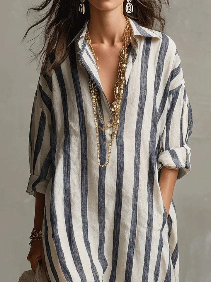 Astrid | Dame Boho Oversized Stribet Linned Maxi Skjortekjole