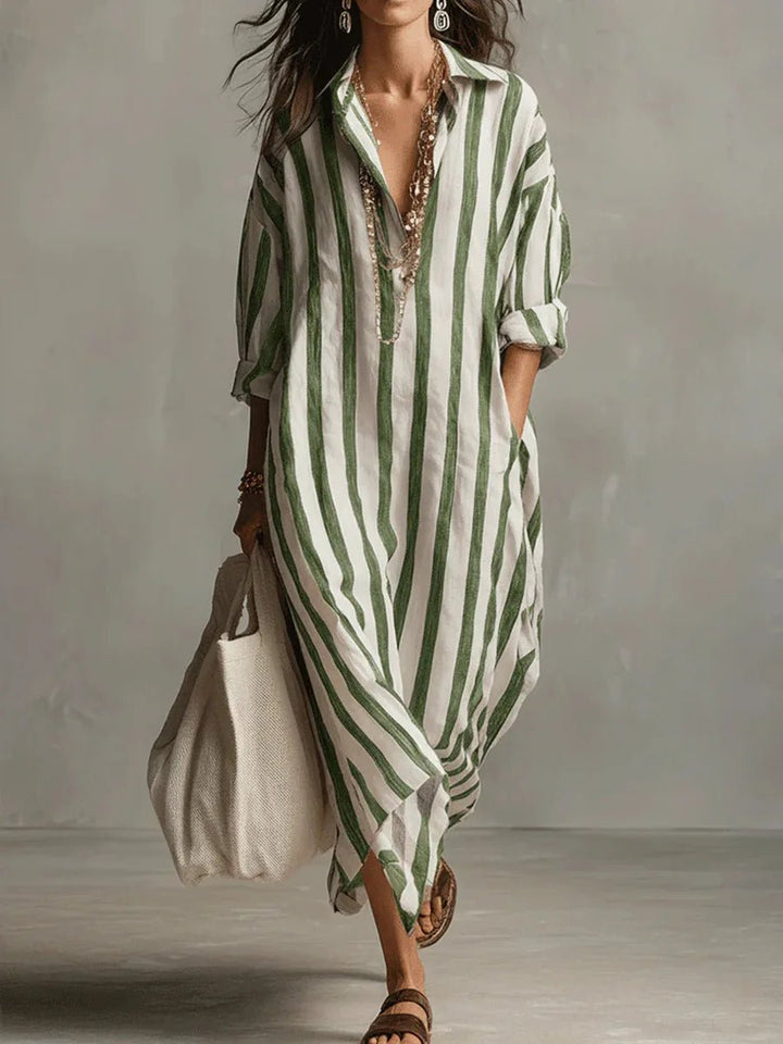 Astrid | Dame Boho Oversized Stribet Linned Maxi Skjortekjole