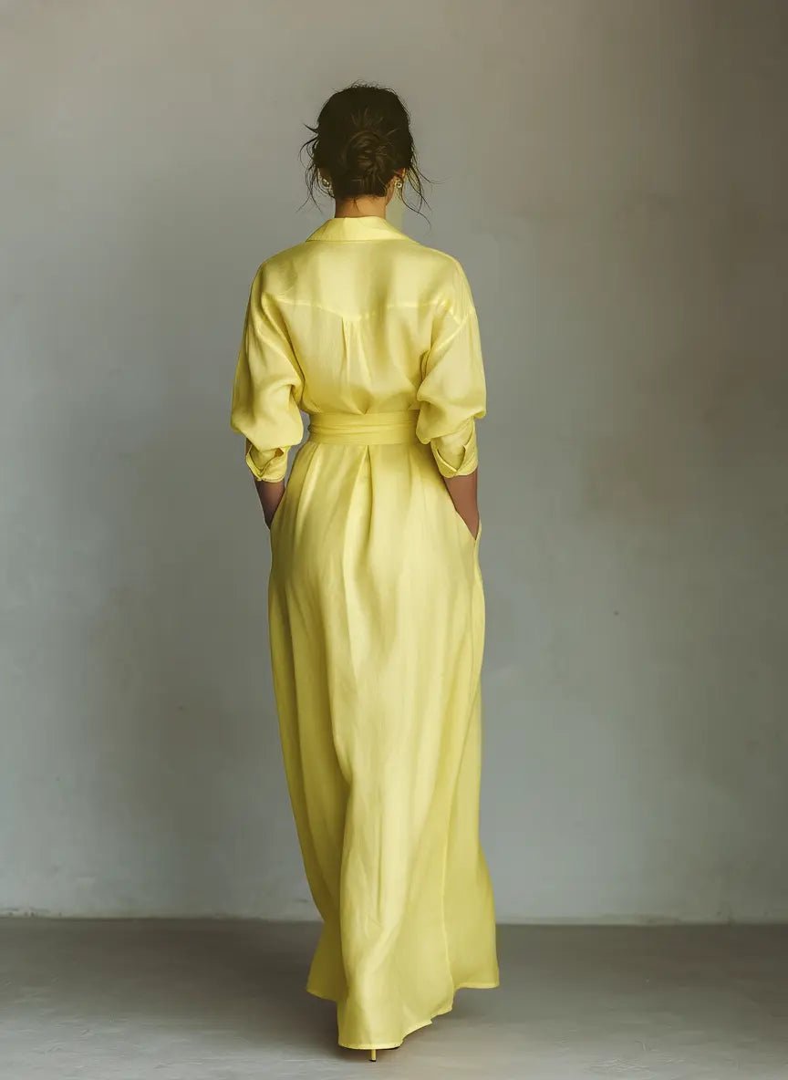 Ida | Dame Gul Linen Maxi Skjortekjole Med Bindebånd