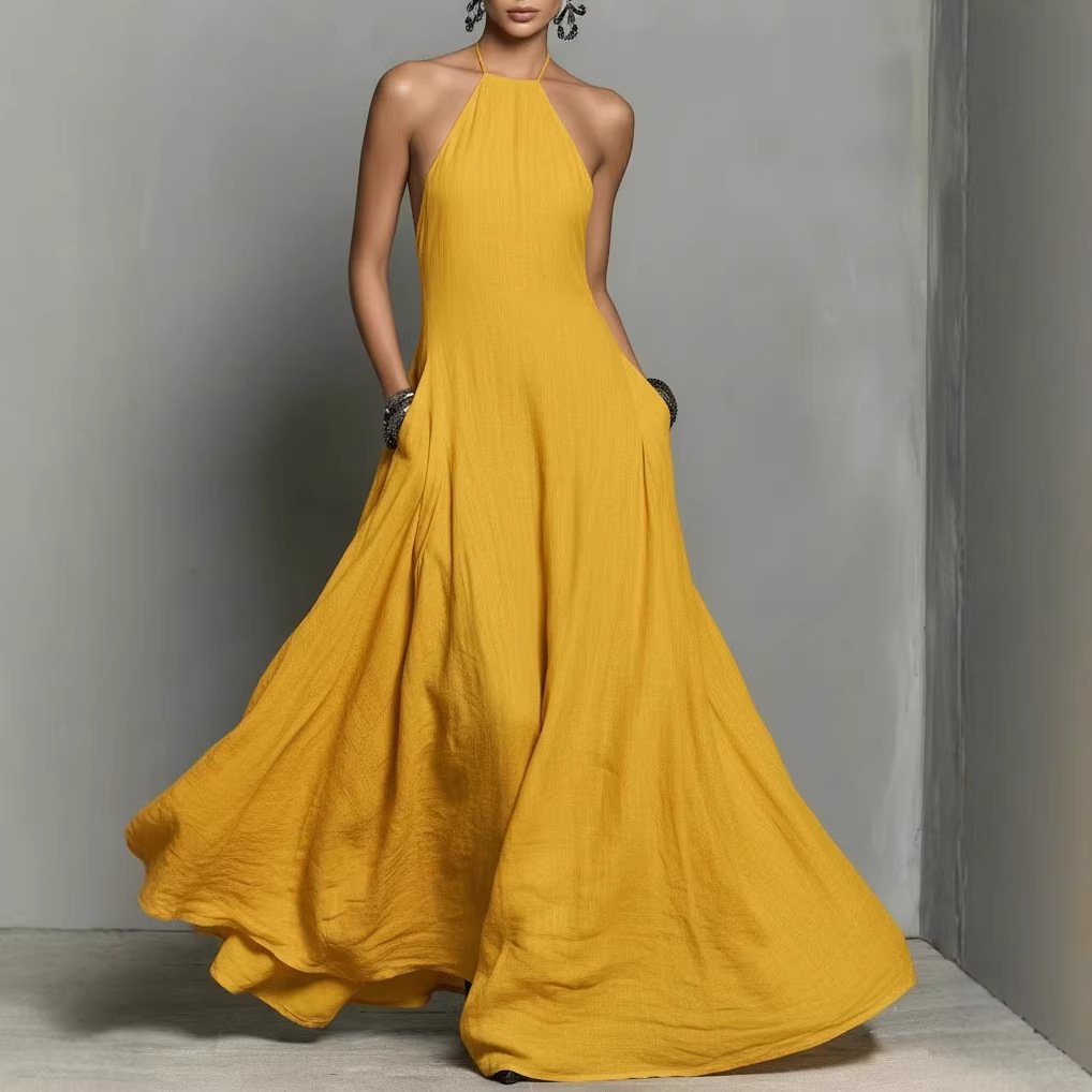 Clara | Dame Halterneck Linned Maxi Kjole