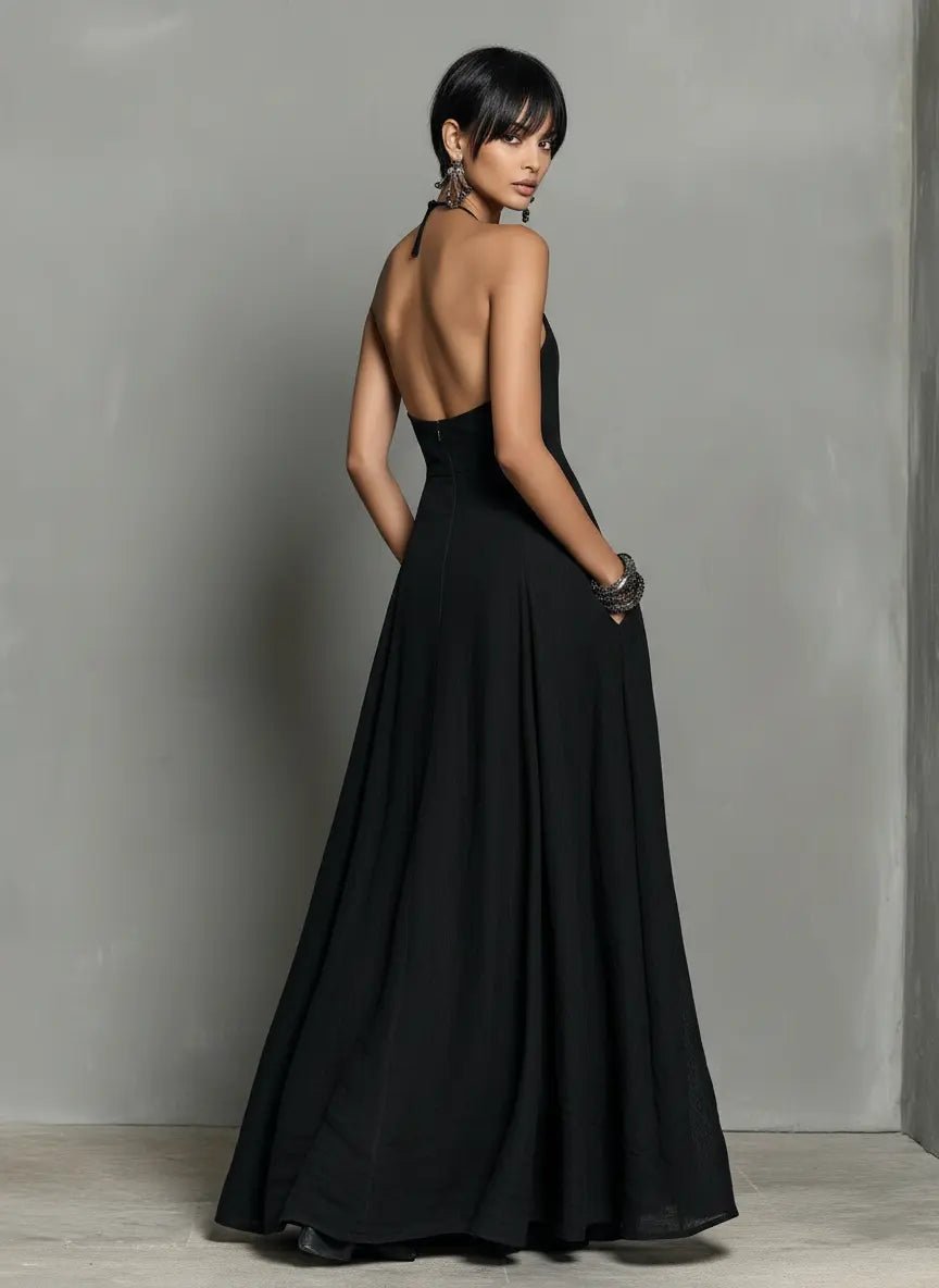 Clara | Dame Halterneck Linned Maxi Kjole