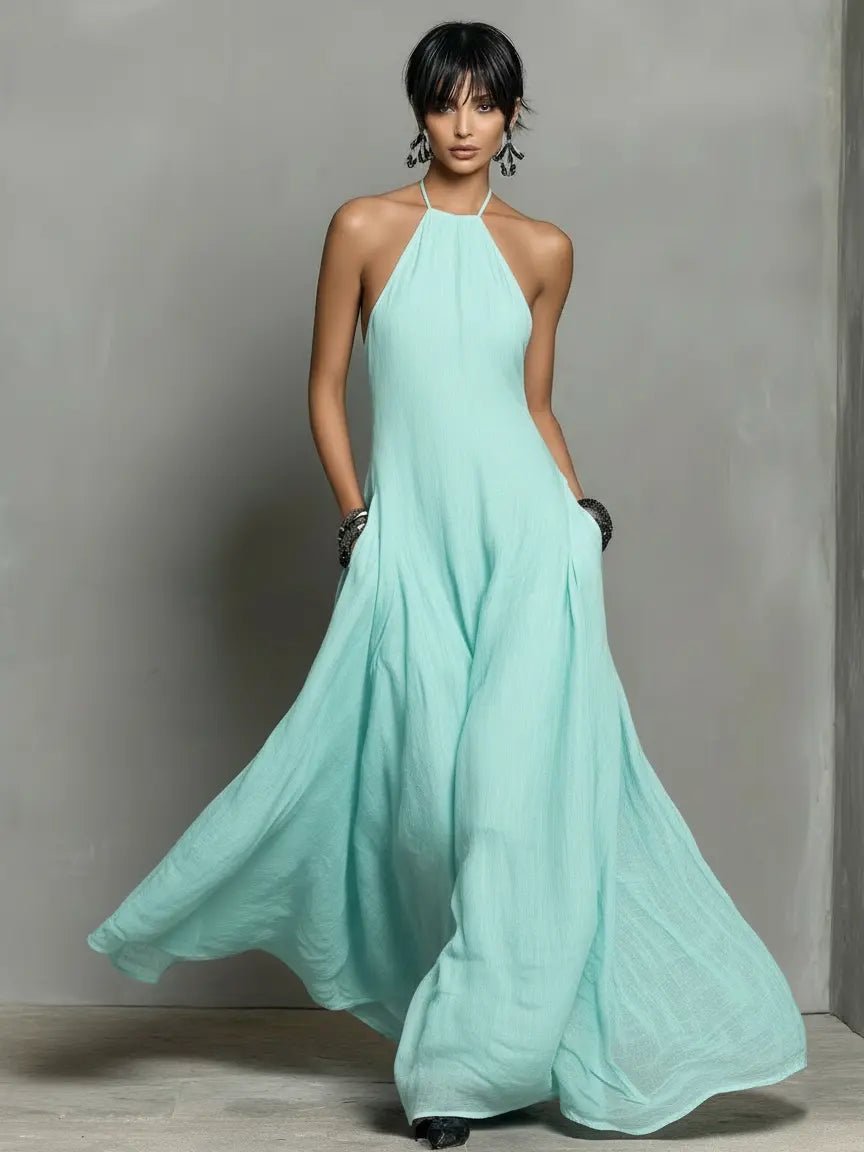 Clara | Dame Halterneck Linned Maxi Kjole