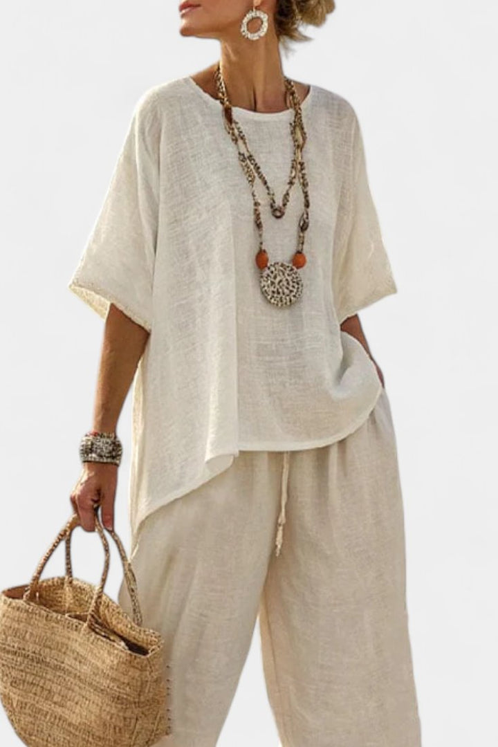 Lea | Dame Linen Asymmetrisk Top og Vide Bukser Sæt