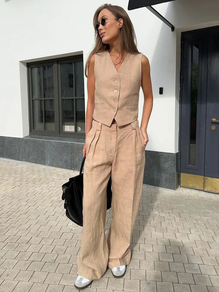 Laura | Dame Linen Vest Bukser Todelt Sæt