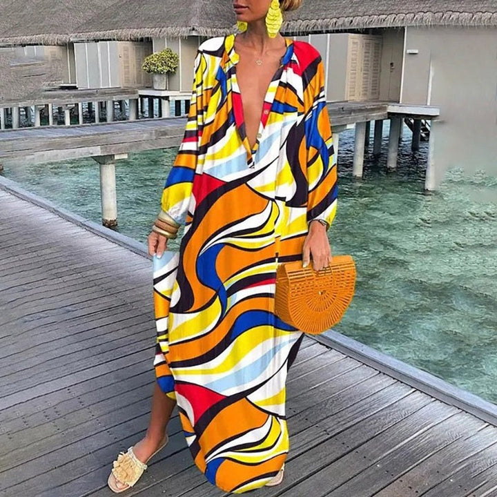 Nora | Dame Løs Kaftan Maxi Kjole Abstrakt Print