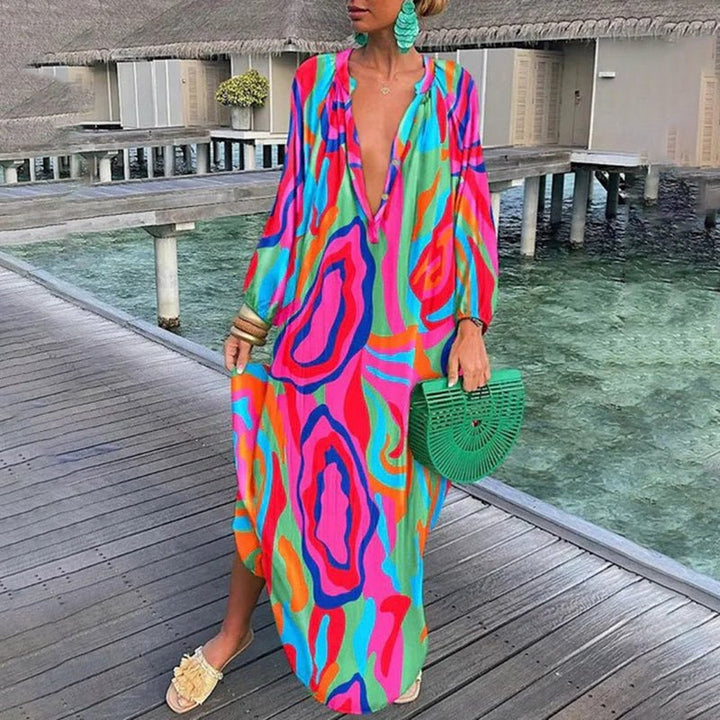 Nora | Dame Løs Kaftan Maxi Kjole Abstrakt Print