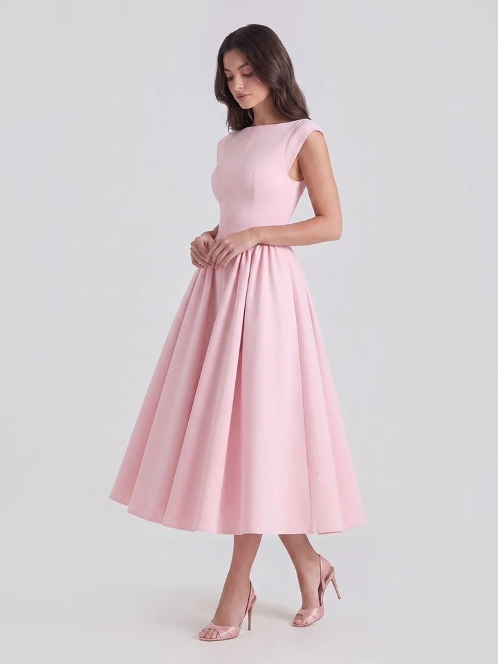 Ida | Dame Satin Midi Kjole Bådhals Korte Ærmer