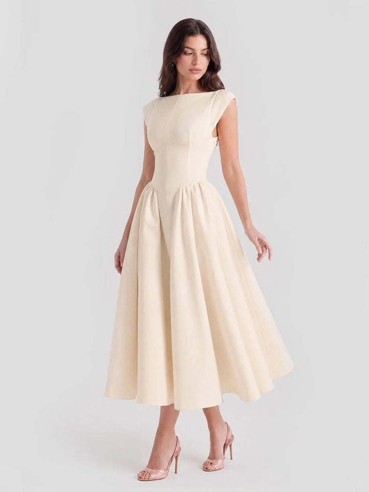 Ida | Dame Satin Midi Kjole Bådhals Korte Ærmer