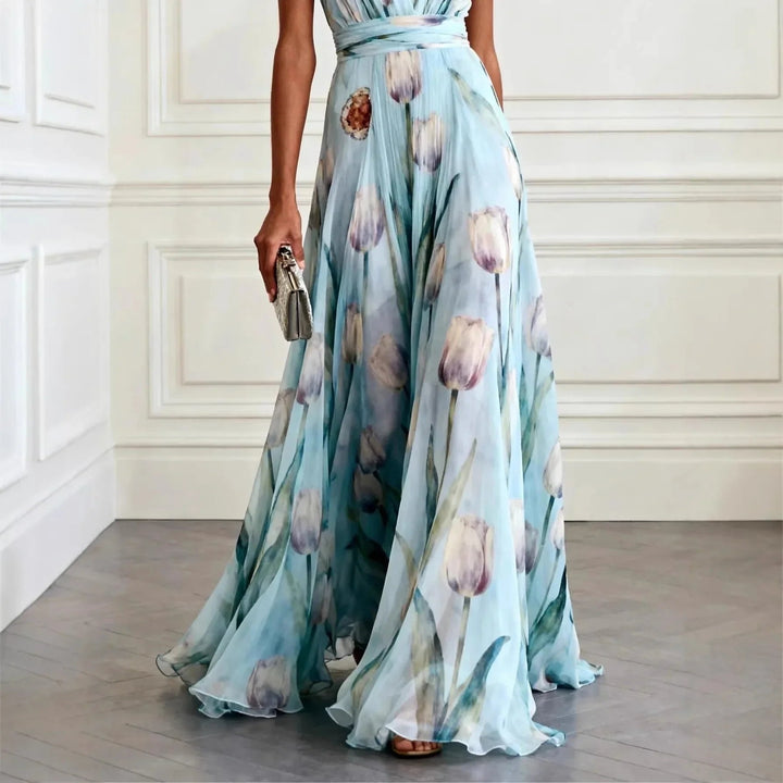 Olivia | Dame Tulipan Print V-udskæring Chiffon Maxikjole