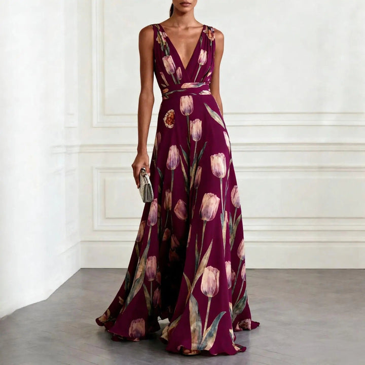 Olivia | Dame Tulipan Print V-udskæring Chiffon Maxikjole