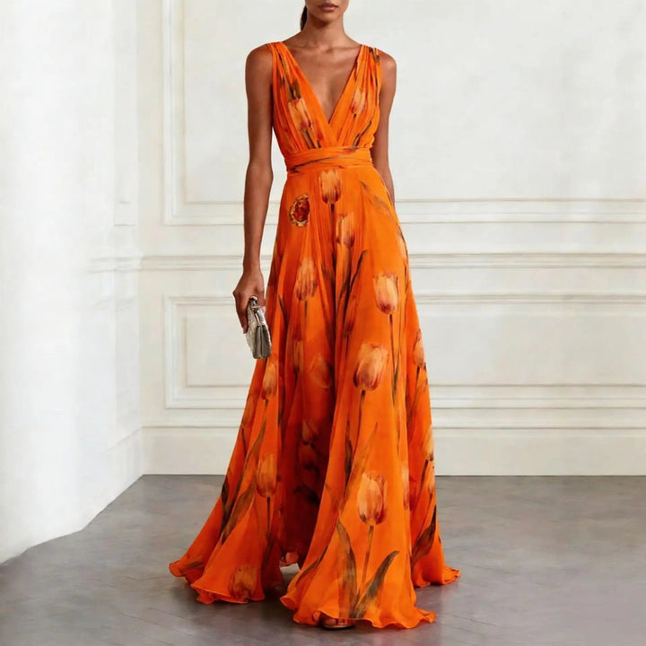 Olivia | Dame Tulipan Print V-udskæring Chiffon Maxikjole