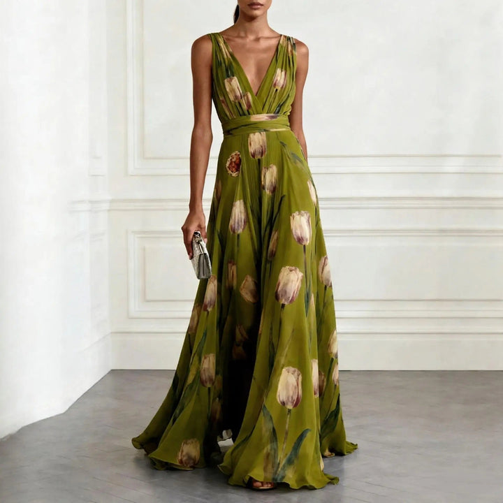 Olivia | Dame Tulipan Print V-udskæring Chiffon Maxikjole