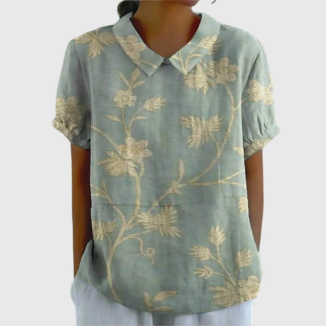 Laura | Damebluse Hør Blomsterprint Kort Ærme Kravetop