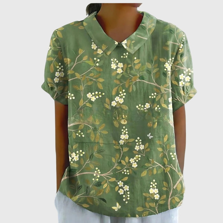 Laura | Damebluse Hør Blomsterprint Kort Ærme Kravetop