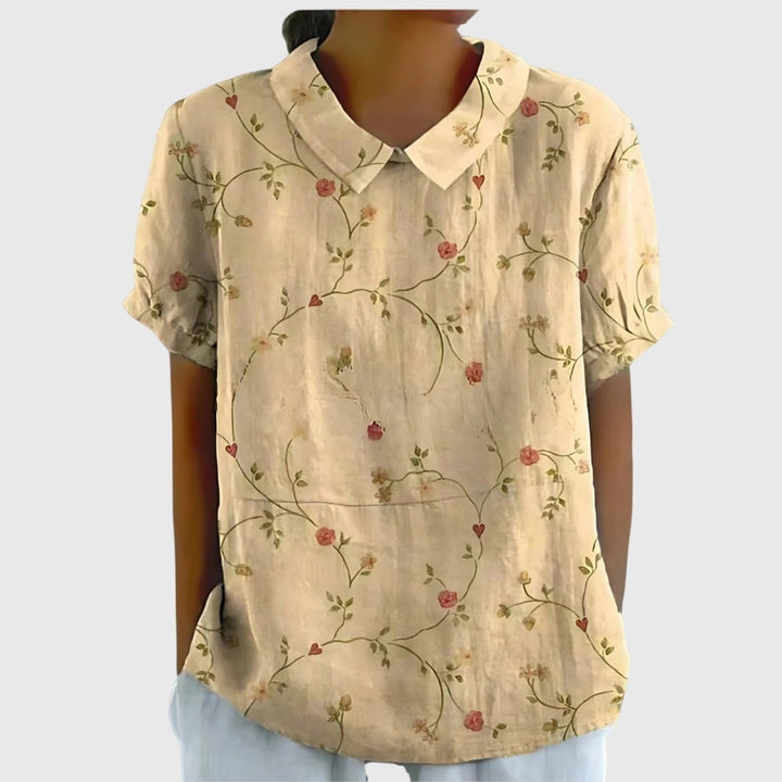 Laura | Damebluse Hør Blomsterprint Kort Ærme Kravetop