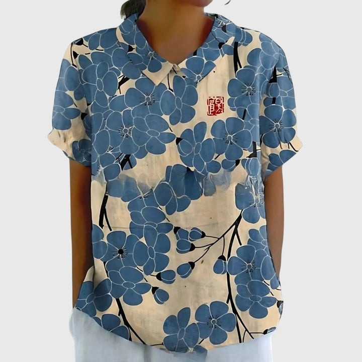 Laura | Damebluse Hør Blomsterprint Kort Ærme Kravetop