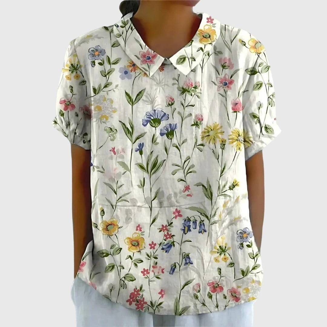 Laura | Damebluse Hør Blomsterprint Kort Ærme Kravetop