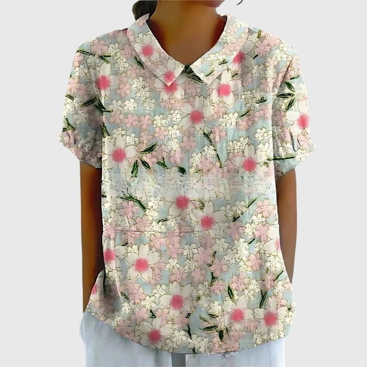 Laura | Damebluse Hør Blomsterprint Kort Ærme Kravetop