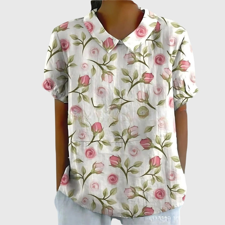 Laura | Damebluse Hør Blomsterprint Kort Ærme Kravetop