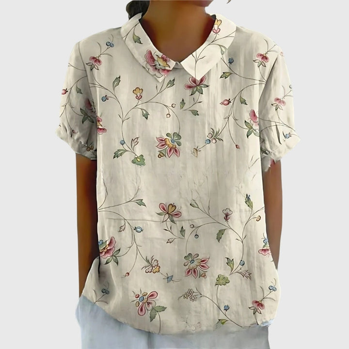 Laura | Damebluse Hør Blomsterprint Kort Ærme Kravetop