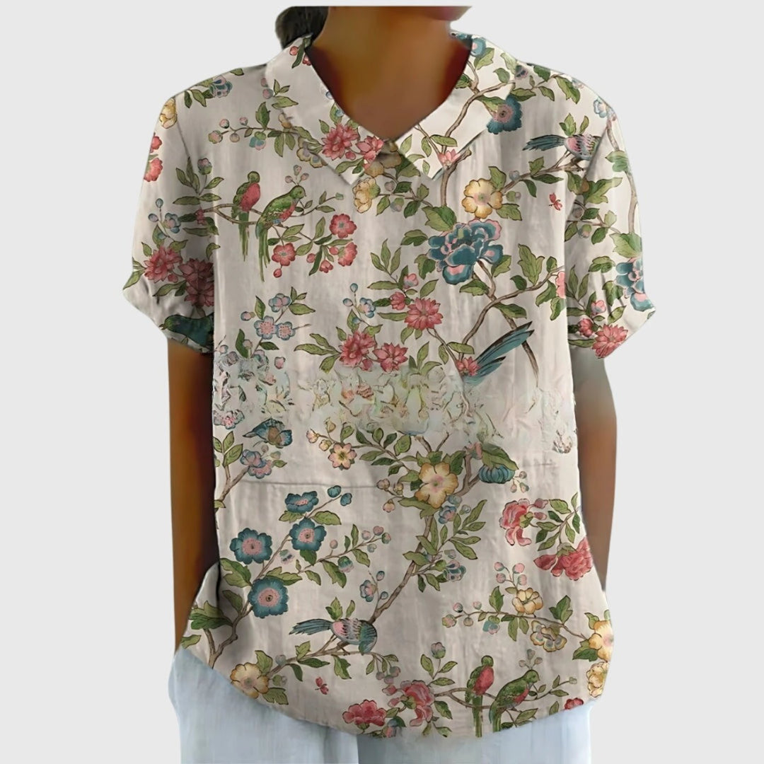 Laura | Damebluse Hør Blomsterprint Kort Ærme Kravetop