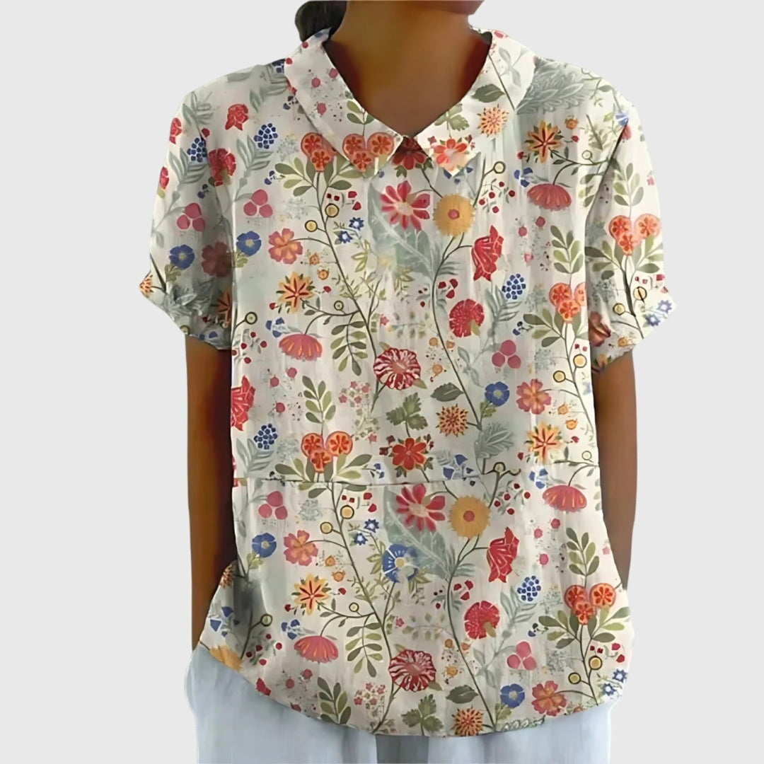 Laura | Damebluse Hør Blomsterprint Kort Ærme Kravetop